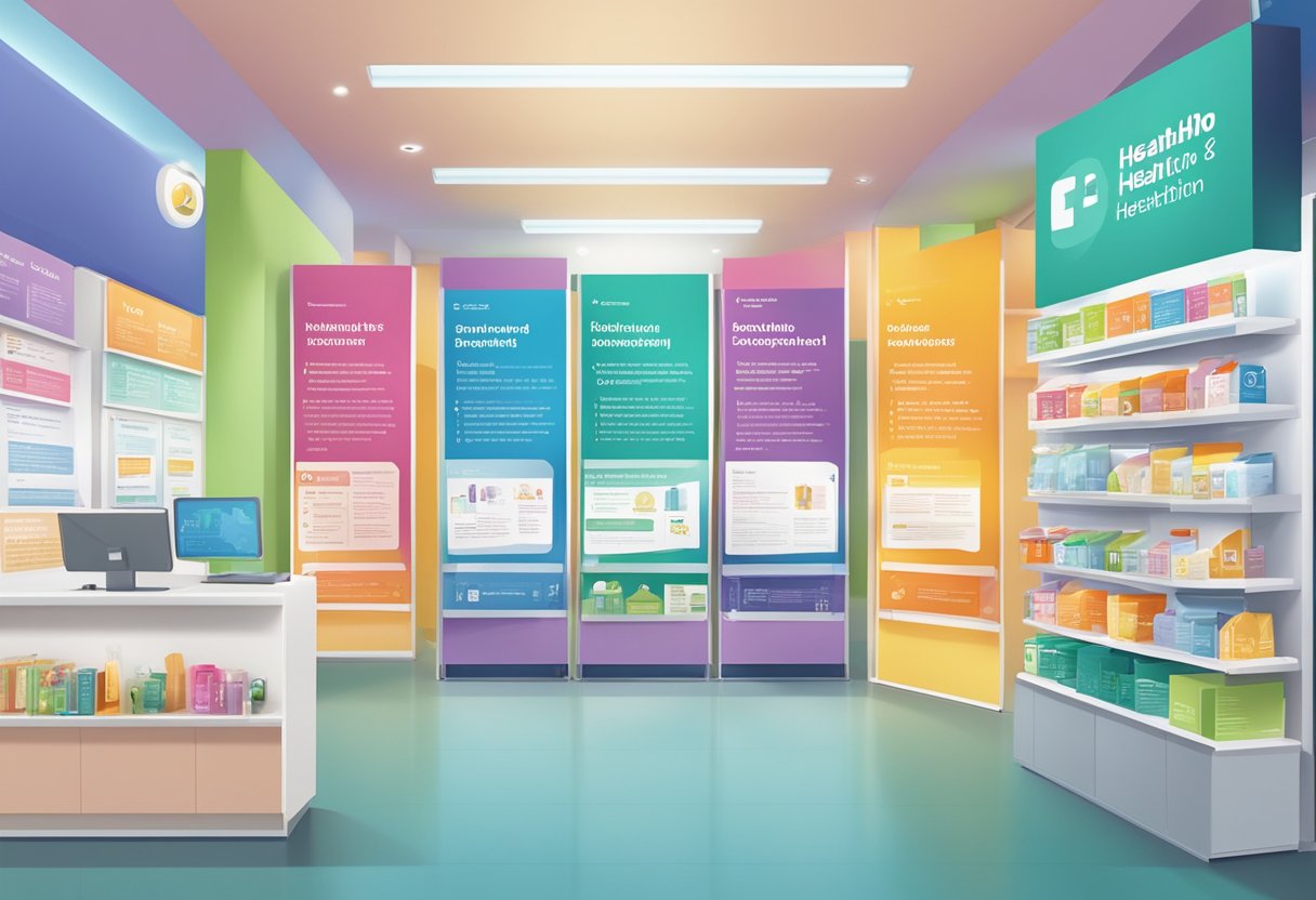 A colorful and organized display of health-related FAQ signs and information boards at the HealthHub in Singapore
