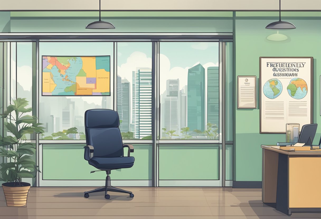 A psychiatrist's office with a sign "Frequently Asked Questions" and a map of Singapore on the wall