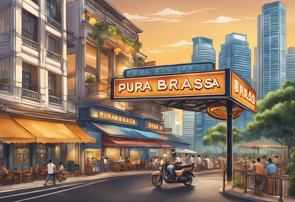 A glowing sign of "Pura Brasa Singapore" stands out against a bustling city backdrop, with the aroma of sizzling meats wafting through the air