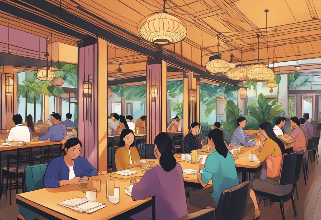 Guests at Pura Brasa Singapore, making reservations, studying menu, and enjoying the vibrant atmosphere