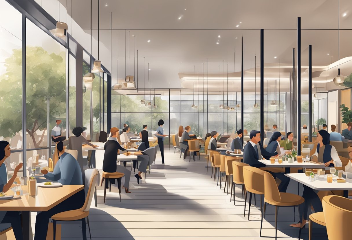 A bustling restaurant with a sleek, modern interior. Customers are enjoying their meals while staff members attend to their needs