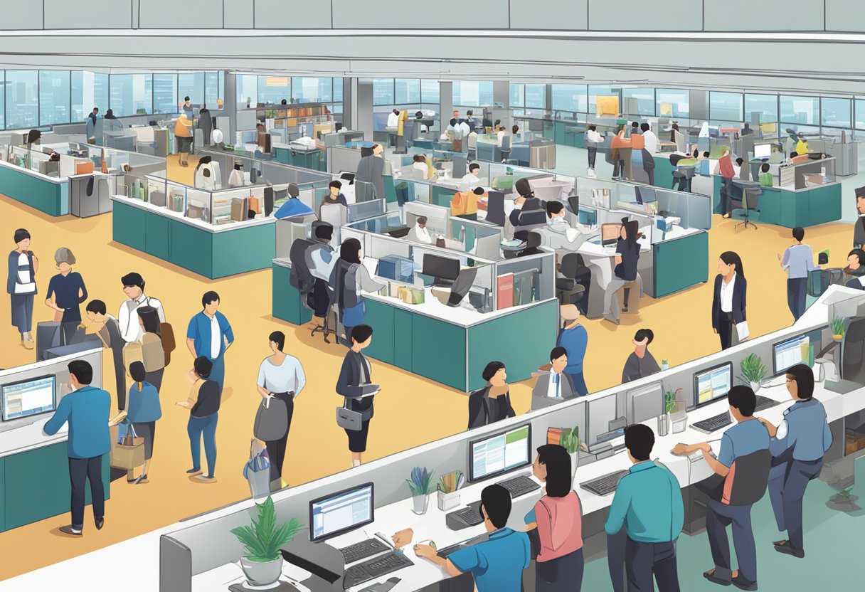 A busy office with people lining up at counters, signs indicating "Frequently Asked Questions" and "VFS Global Singapore" prominently displayed
