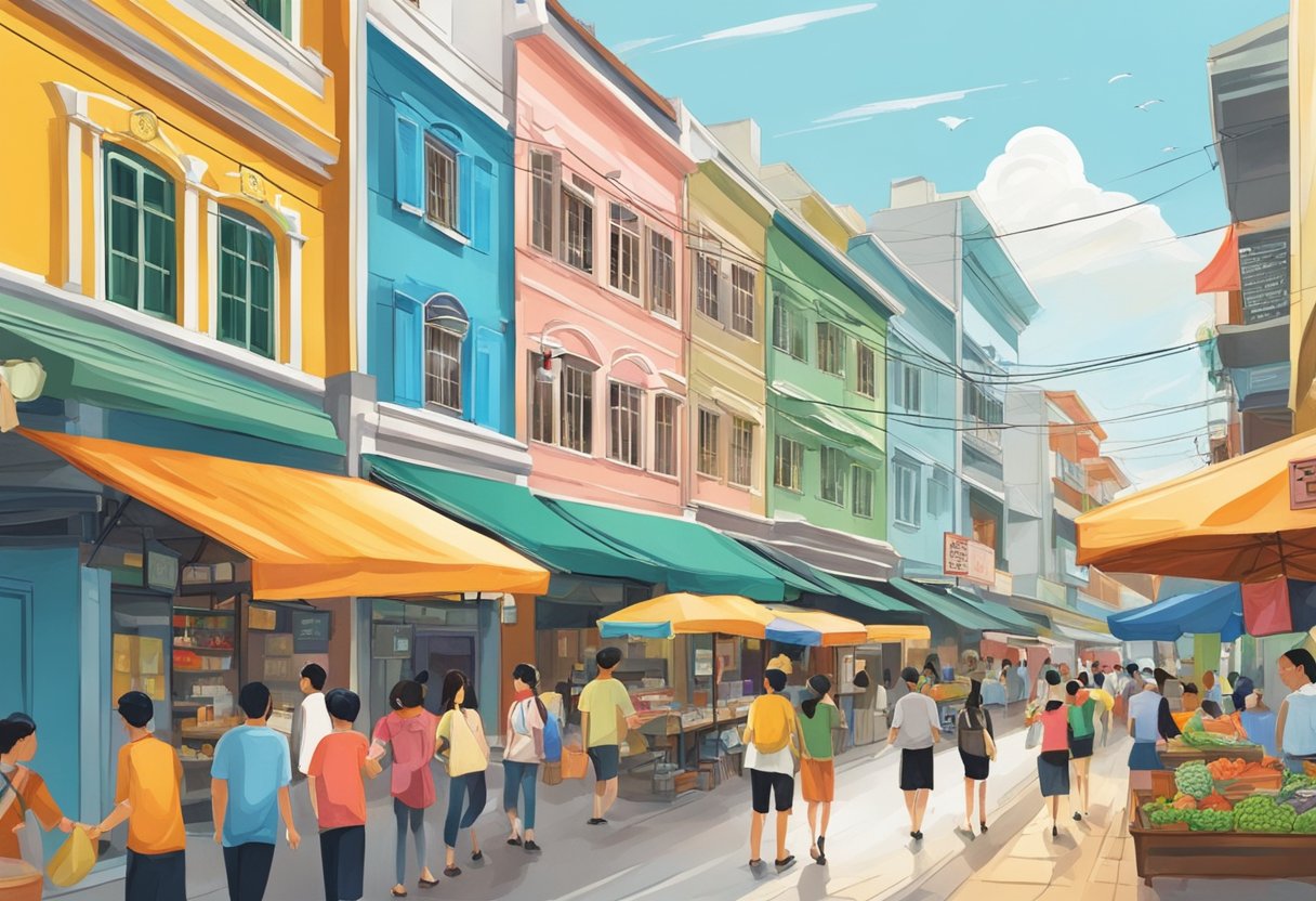 The bustling streets of Kele Singapore, with colorful storefronts and vibrant street vendors, create a lively and energetic atmosphere