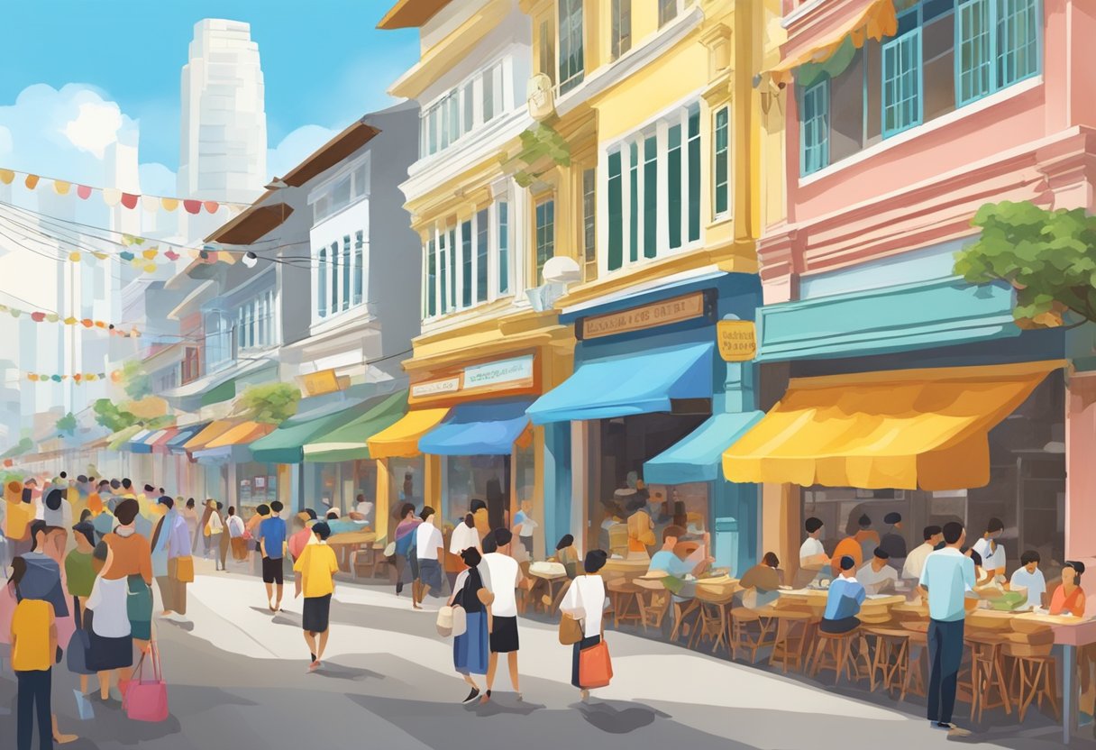 A bustling street in Kele, Singapore, with colorful shopfronts and bustling crowds. The aroma of freshly baked pastries fills the air