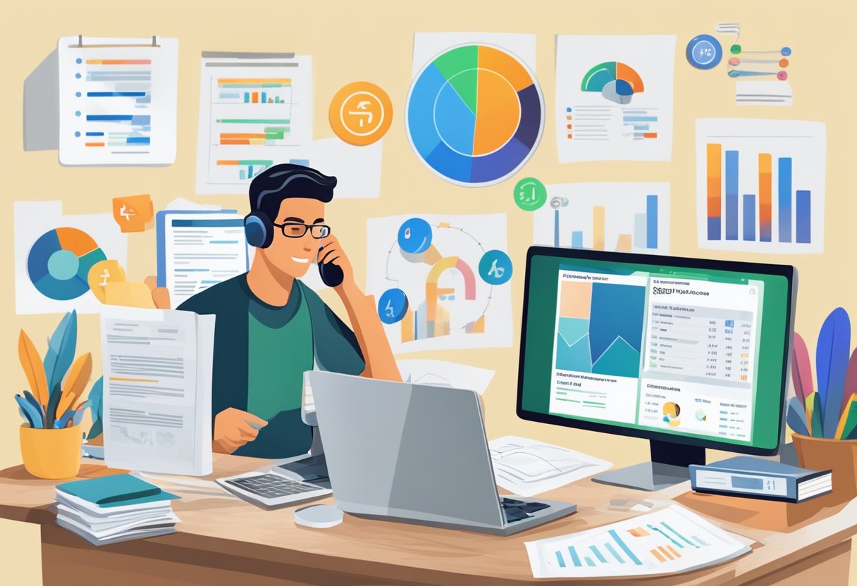 A desk cluttered with financial documents, a computer screen showing credit scores, and a person on the phone discussing credit management