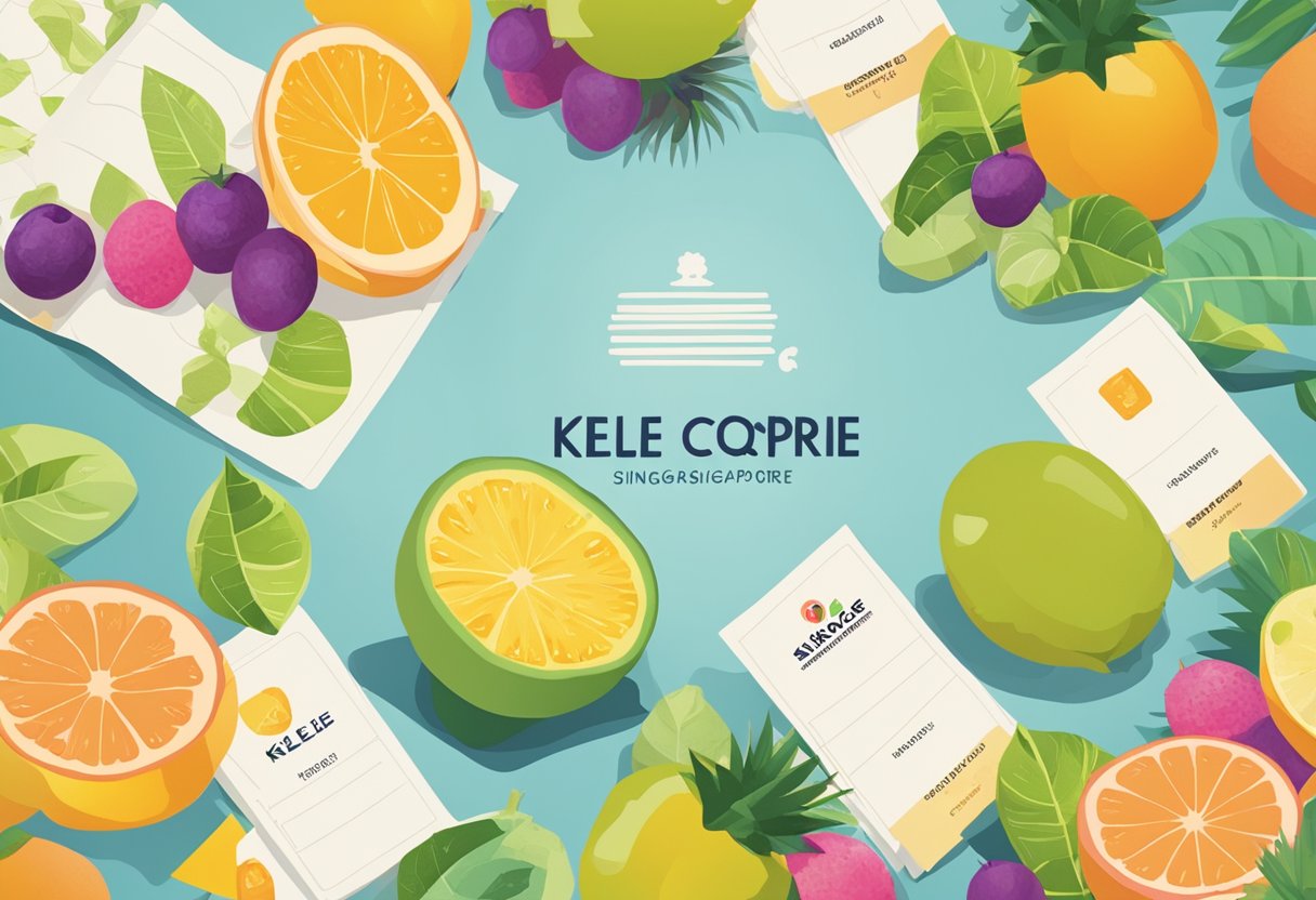 A stack of FAQ cards with "Kele Singapore" logo, surrounded by vibrant tropical fruits and a map of Singapore