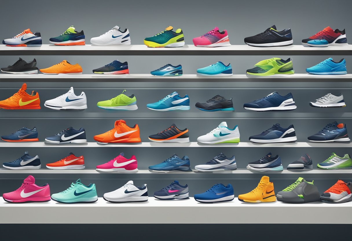 A display of various sports shoes and apparel from Royal Sporting House Singapore, showcasing different brands and product ranges