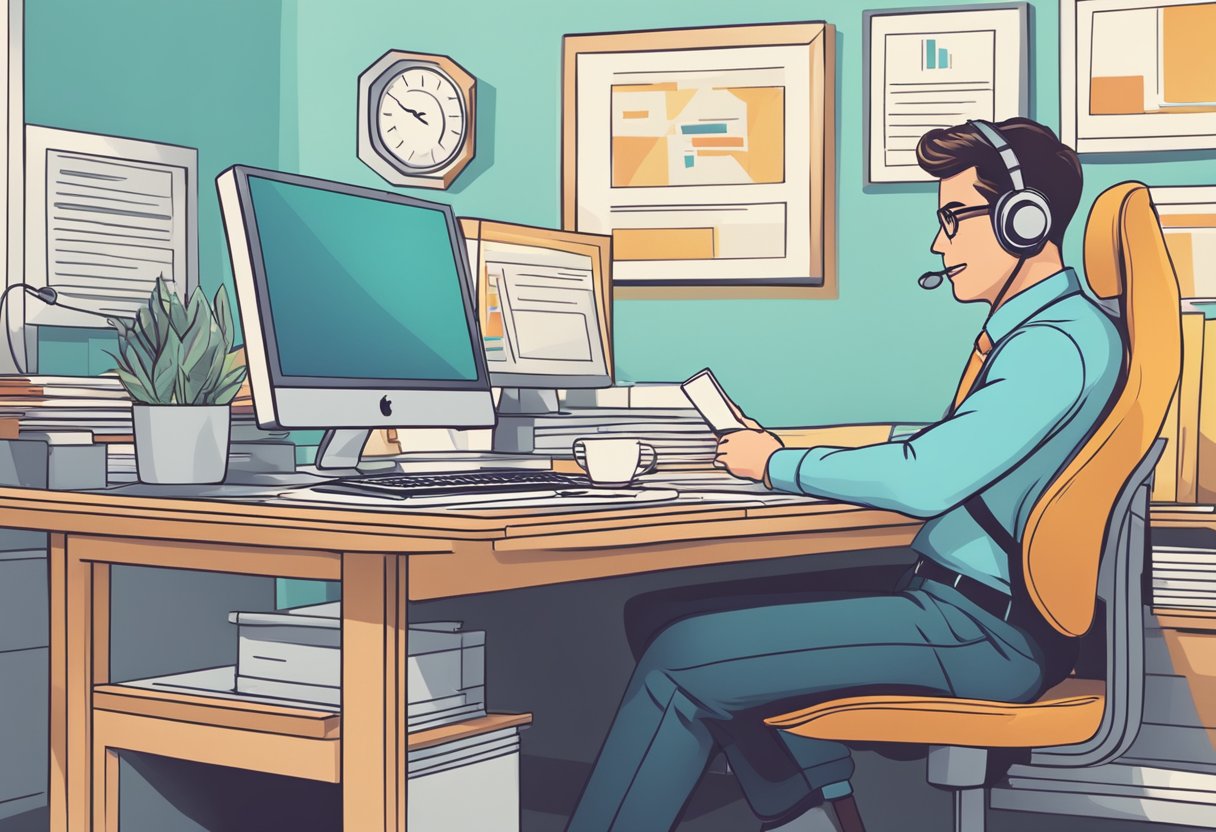A customer service representative answering inquiries about credit reports at a desk with a computer and phone