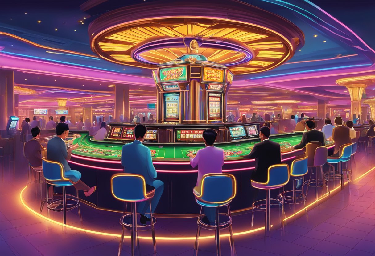 The bustling Singapore casino glows with neon lights and vibrant colors, as patrons try their luck at the slot machines and card tables