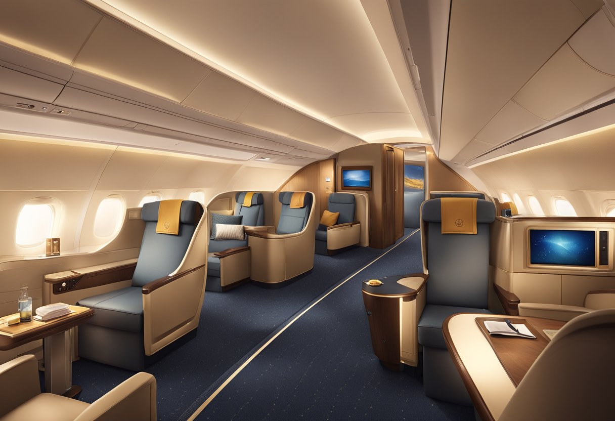 A luxurious first-class cabin on Singapore Airlines, with spacious seats, elegant decor, and attentive service