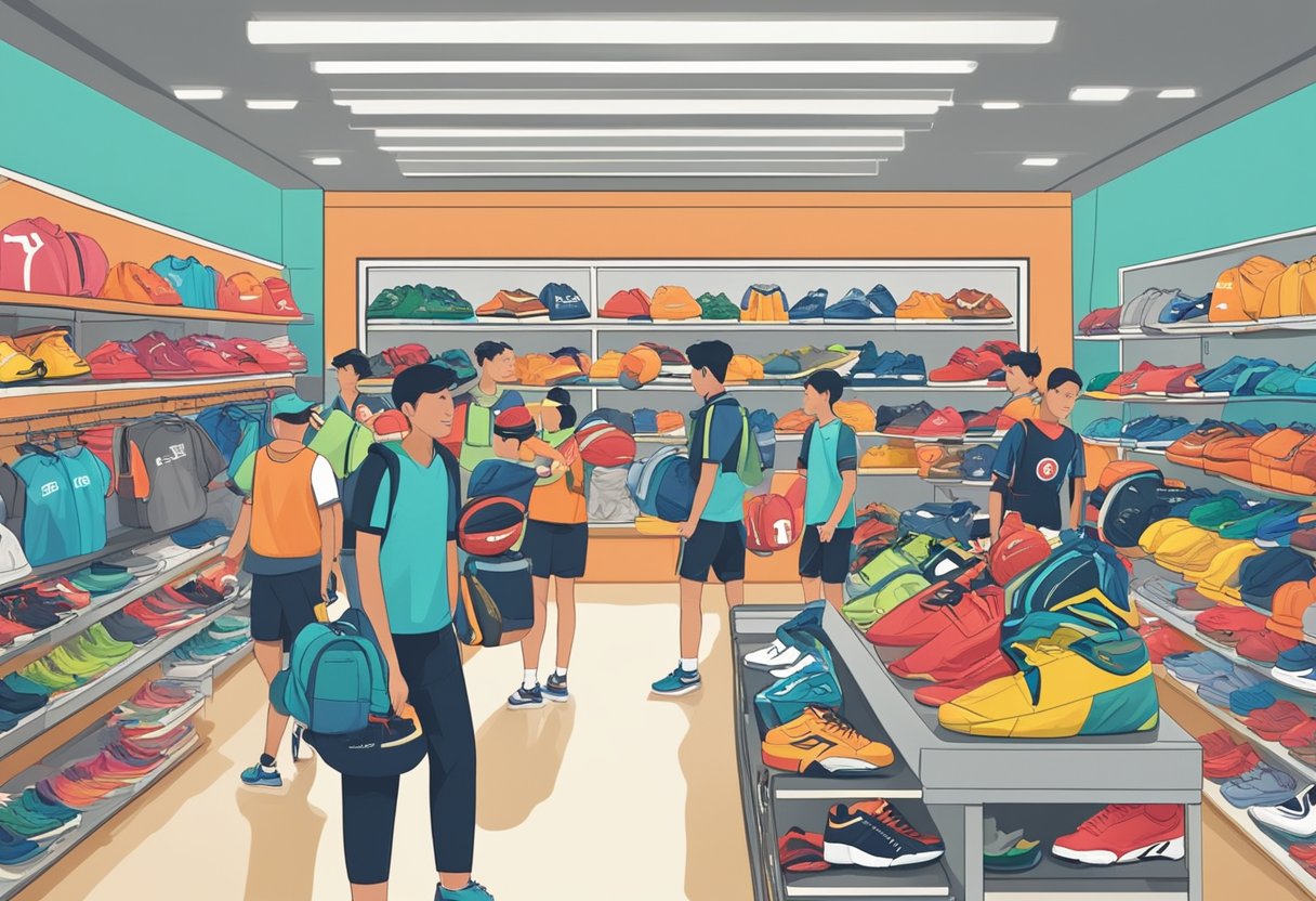 A crowded store with shelves of sports gear, customers browsing, and a sign reading "Frequently Asked Questions" at Royal Sporting House in Singapore