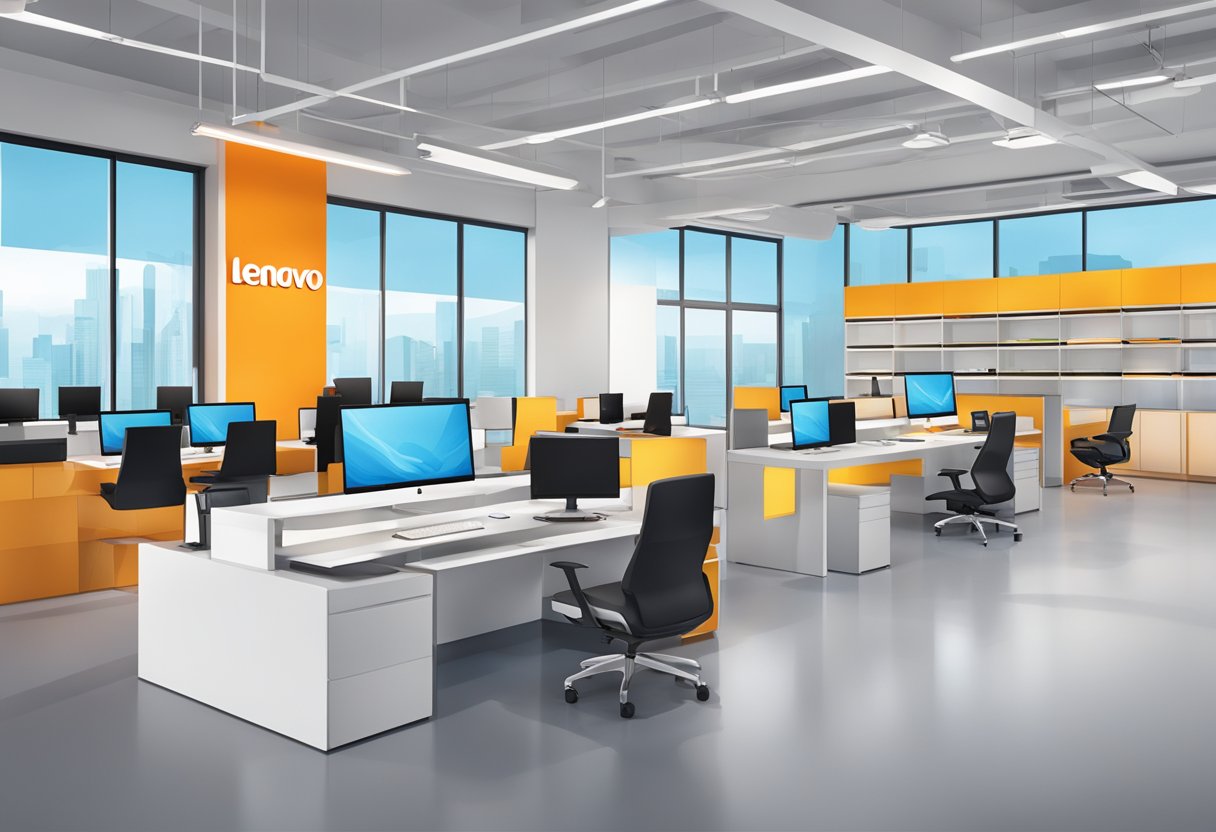 A bright and modern Lenovo service center in Singapore, with sleek furniture and a professional atmosphere