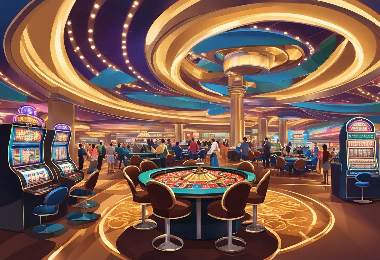 Bright lights, slot machines, card tables, and a roulette wheel in a bustling Singapore casino