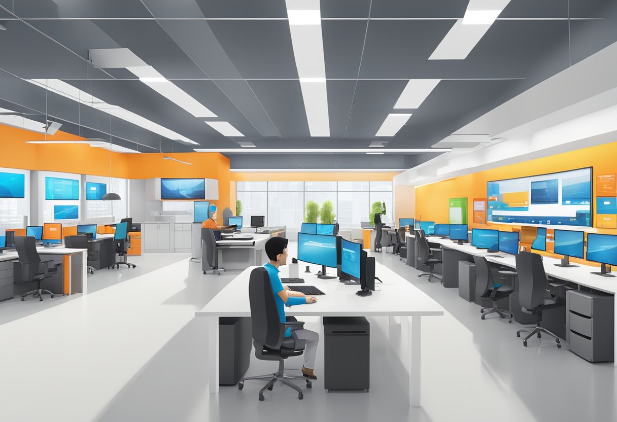 A brightly lit Lenovo service center with sleek, modern decor, rows of computer displays, and a customer service desk