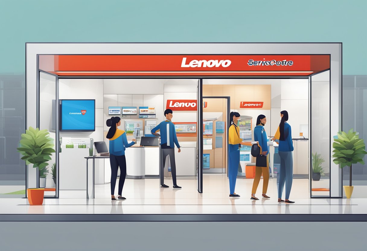 Customers entering Lenovo Service Centre, greeted by friendly staff. Logo prominently displayed, with sleek, modern decor and rows of tech products on display