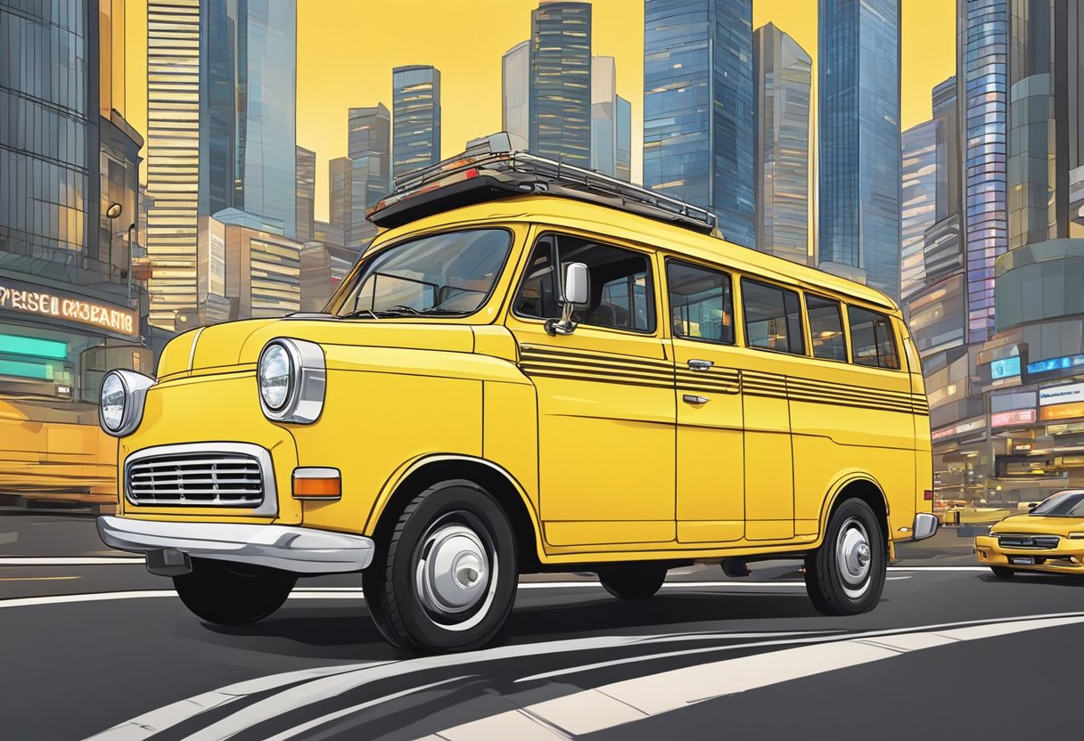 A yellow Maxi Cab drives through the bustling streets of Singapore, surrounded by towering skyscrapers and vibrant city lights