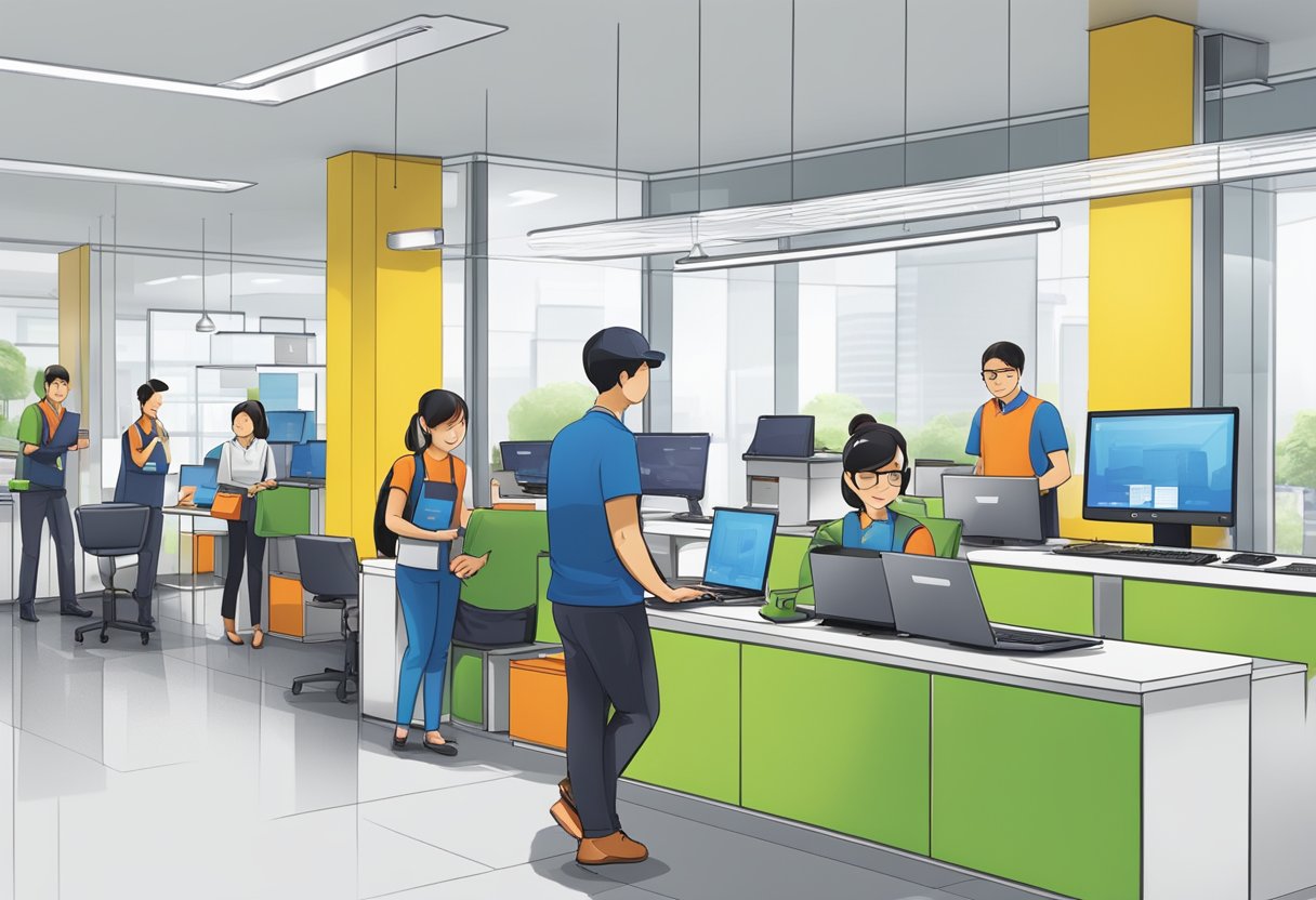 A busy Lenovo service center in Singapore with customers waiting in line, technicians working on laptops, and a receptionist assisting a customer