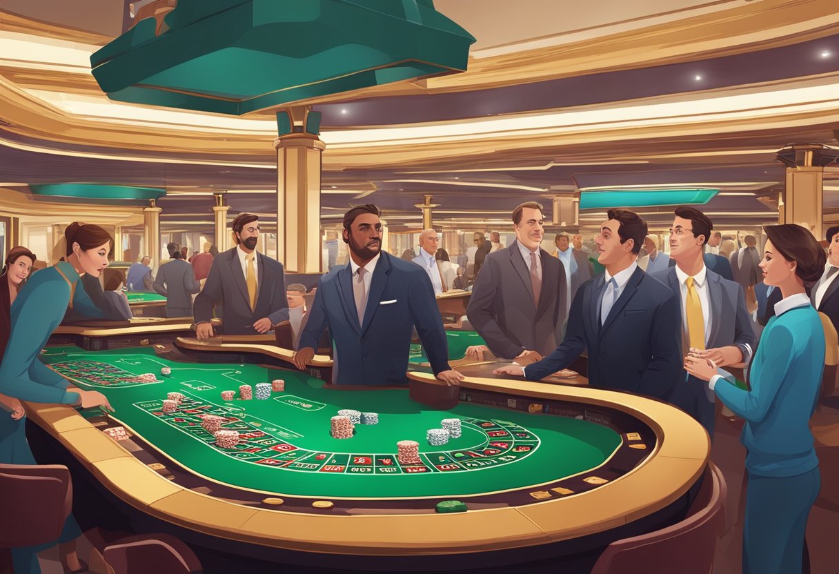 A bustling casino floor with patrons asking questions at information desks and staff providing assistance