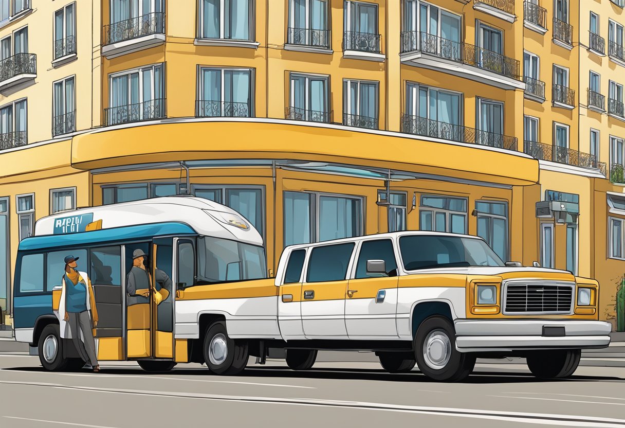 A maxi cab parked in front of a hotel with a driver assisting passengers with their luggage