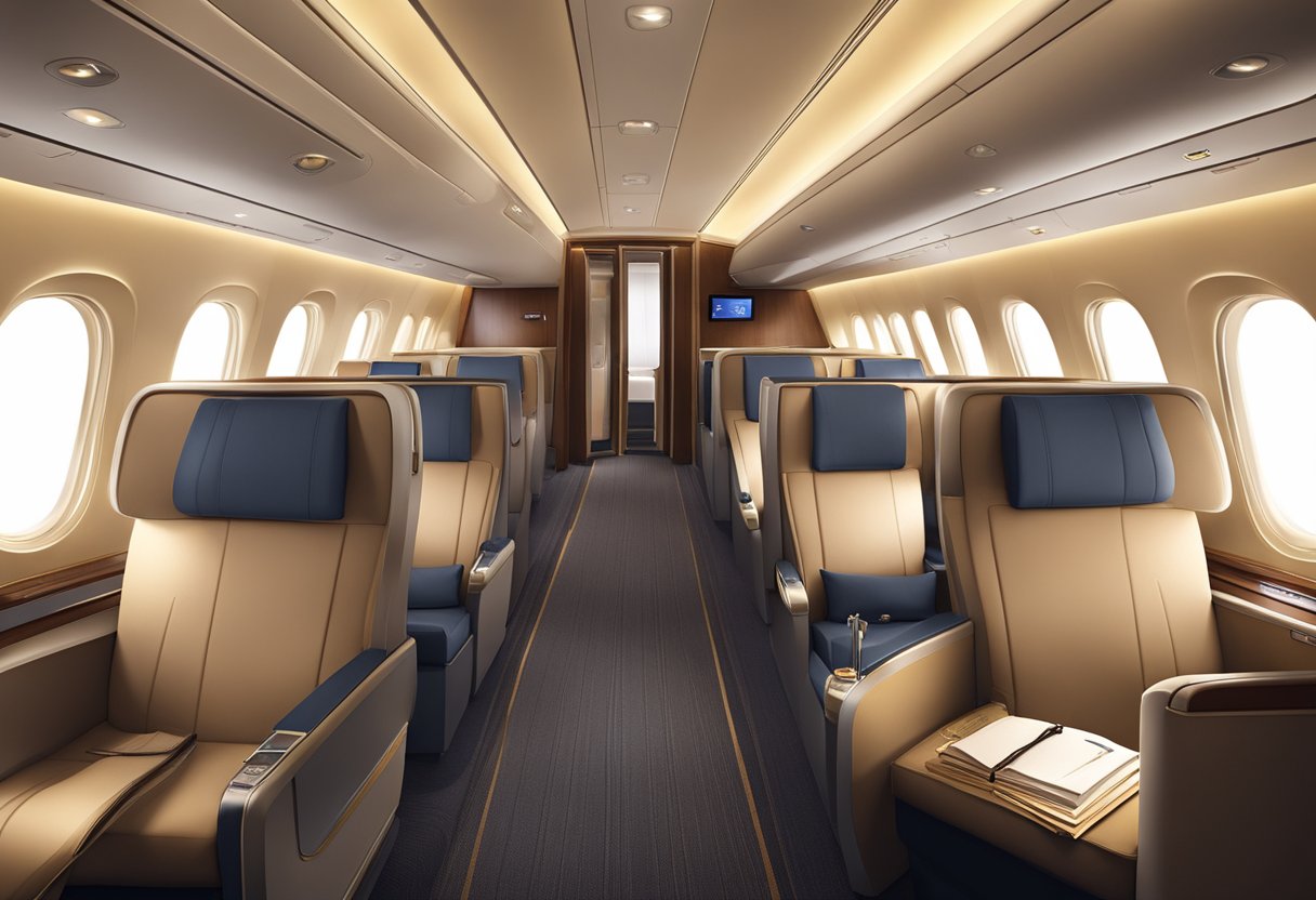 A luxurious first-class cabin with spacious seats, elegant decor, and attentive service on Singapore Airlines