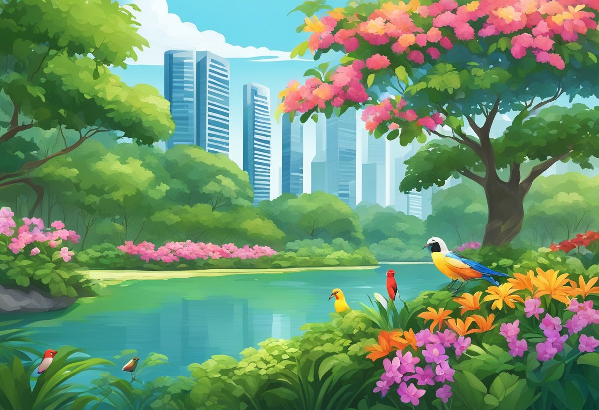 A lush green park in Singapore with a serene lake, colorful flowers, and exotic birds. Tall buildings and a clear blue sky in the background