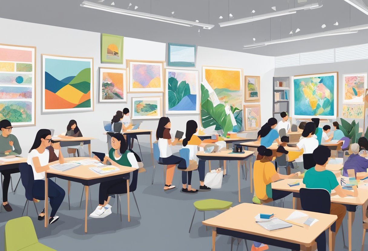 A bustling classroom at NAFA Singapore, with students engaged in various art and design projects, surrounded by colorful and inspiring works displayed on the walls