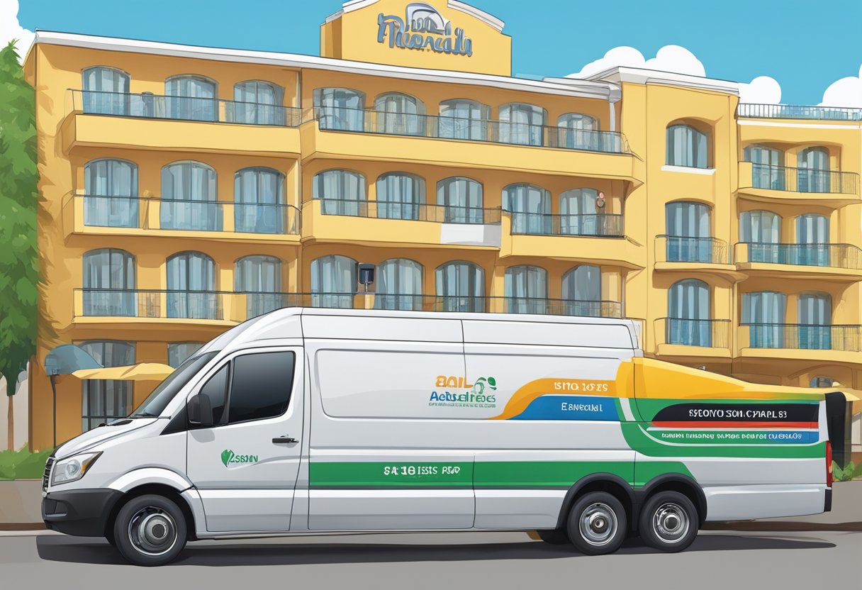 A maxi cab parked in front of a hotel, with a sign displaying pricing and additional services