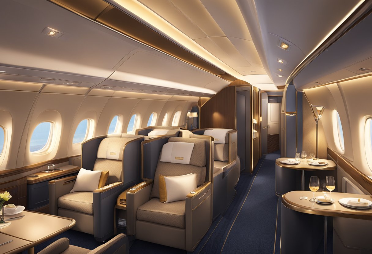 A luxurious first-class cabin on Singapore Airlines, with plush seating, elegant decor, and attentive service