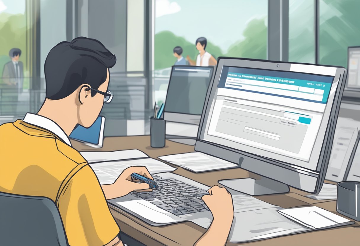 A person filling out a renewal form online with their Singapore driving licence and a computer