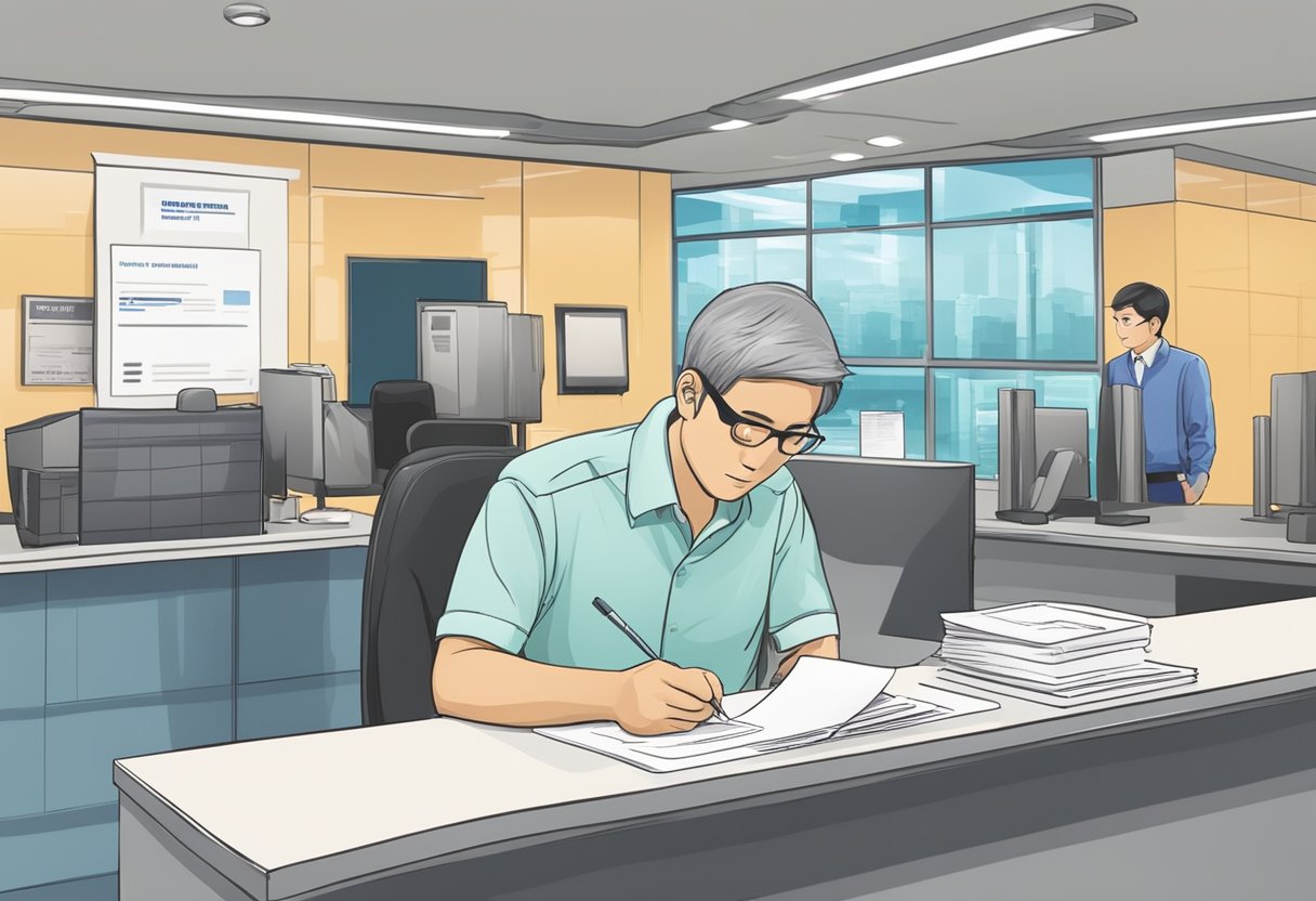 A person submits payment for Singapore driving license renewal at a government office counter, while filling out forms and providing necessary documents