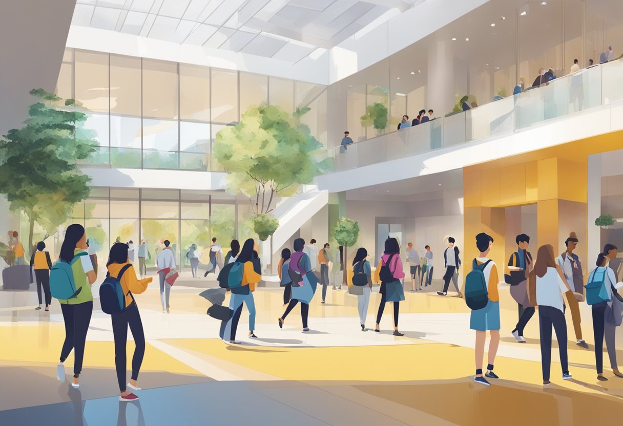 Students entering NAFA through main entrance, greeted by staff. Artworks displayed in lobby, creating vibrant atmosphere. Visitors exploring campus, engaging in workshops and performances