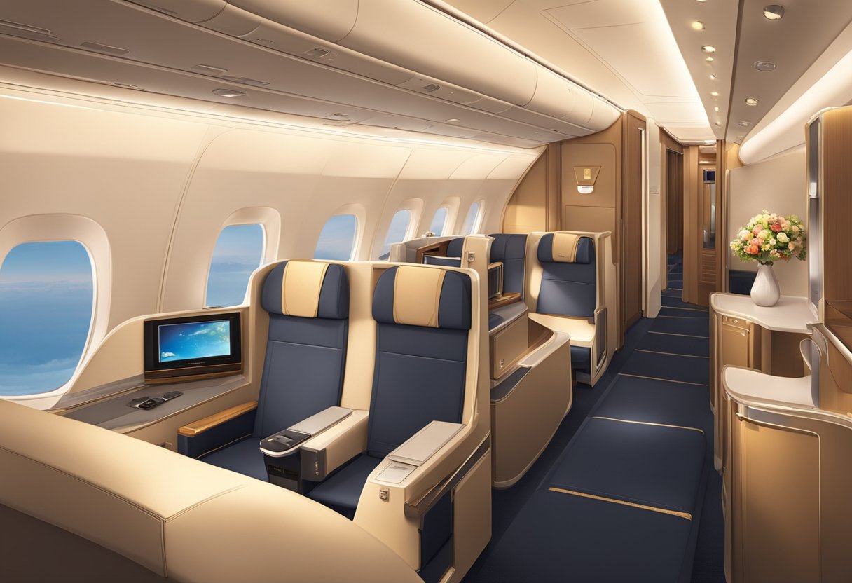 A luxurious first-class cabin on a Singapore Airlines flight, with spacious seats, elegant decor, and attentive staff catering to passengers' needs
