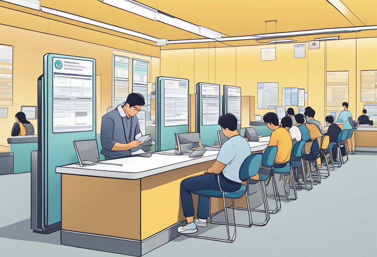 A person filling out forms at a Singapore driving license renewal counter