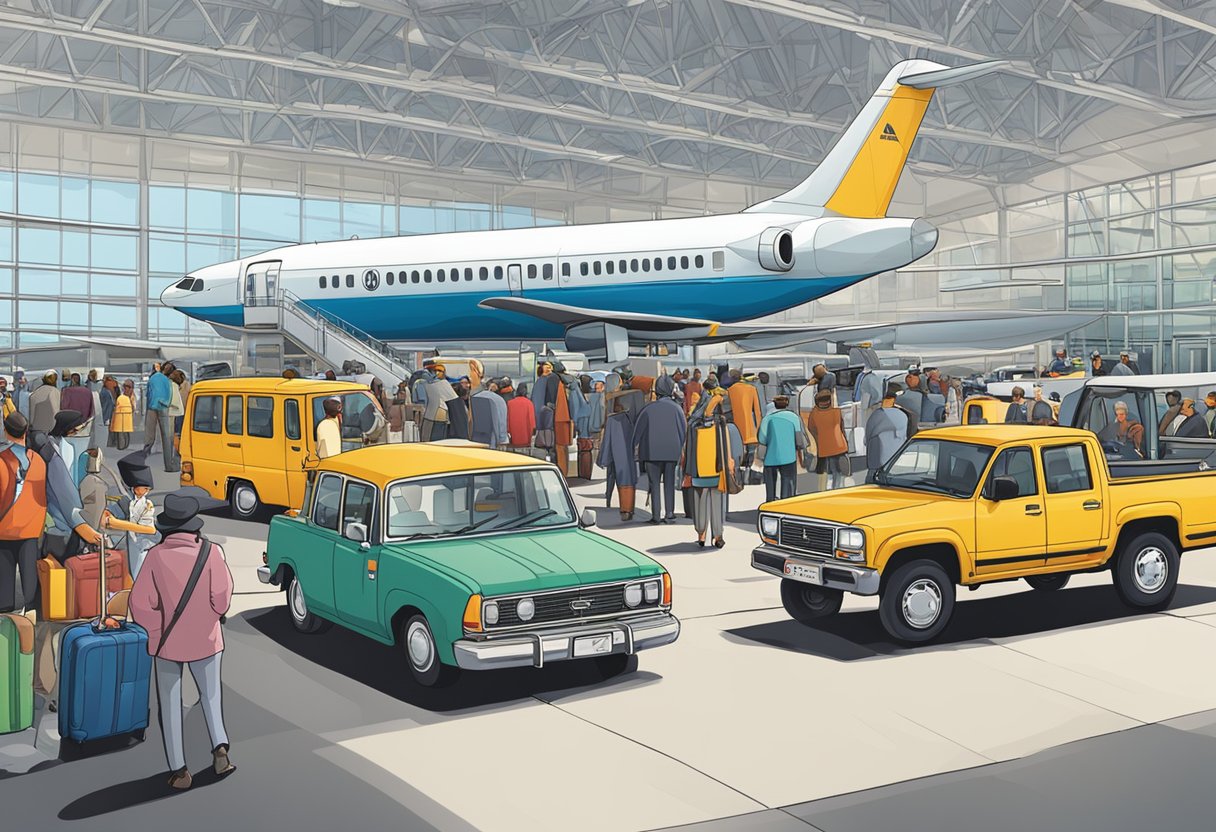 A maxi cab parked in front of a bustling airport terminal, with passengers loading their luggage into the spacious vehicle