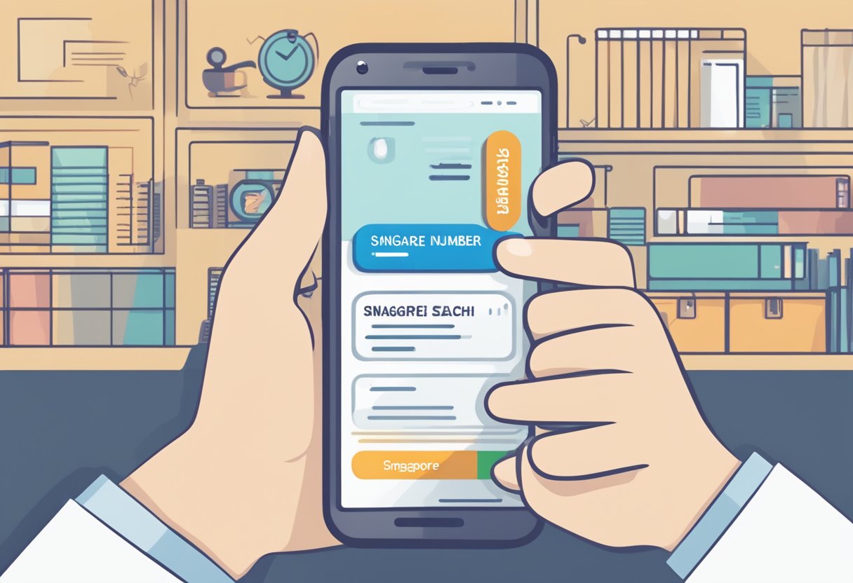 A hand holding a smartphone with a search bar displaying "Singapore phone number search" on the screen