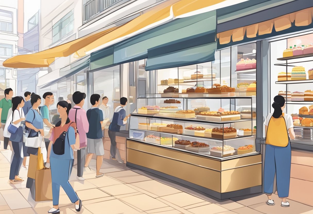 A bustling cake shop in Singapore, with colorful displays of cakes and pastries, a welcoming storefront, and a busy atmosphere