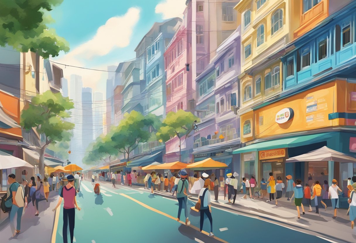 A bustling street in Singapore, with colorful storefronts and busy pedestrians. The iconic Owndays sign stands out against the vibrant city backdrop