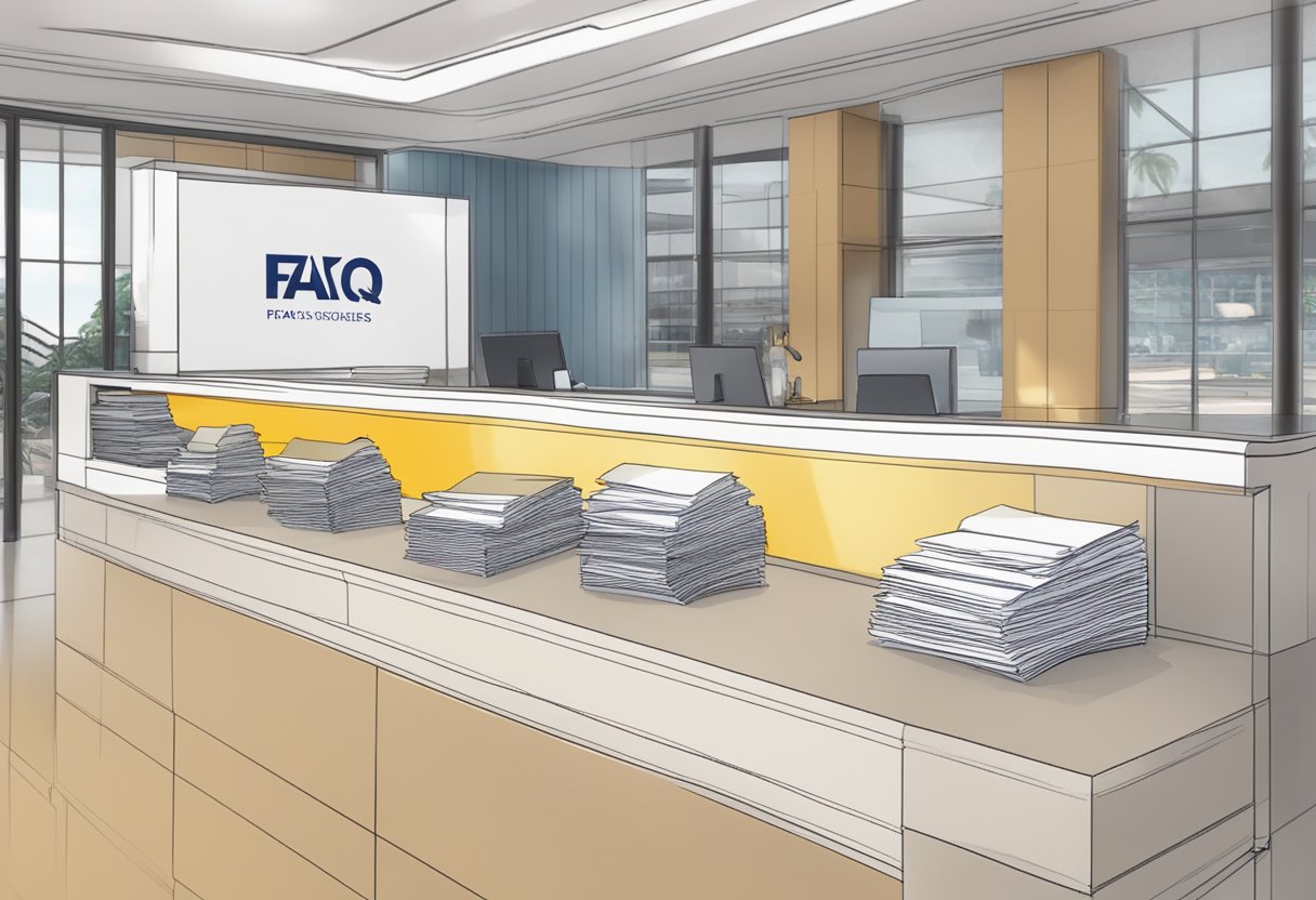 A stack of FAQ brochures on a reception desk at NAFA Singapore, with a sign indicating the location