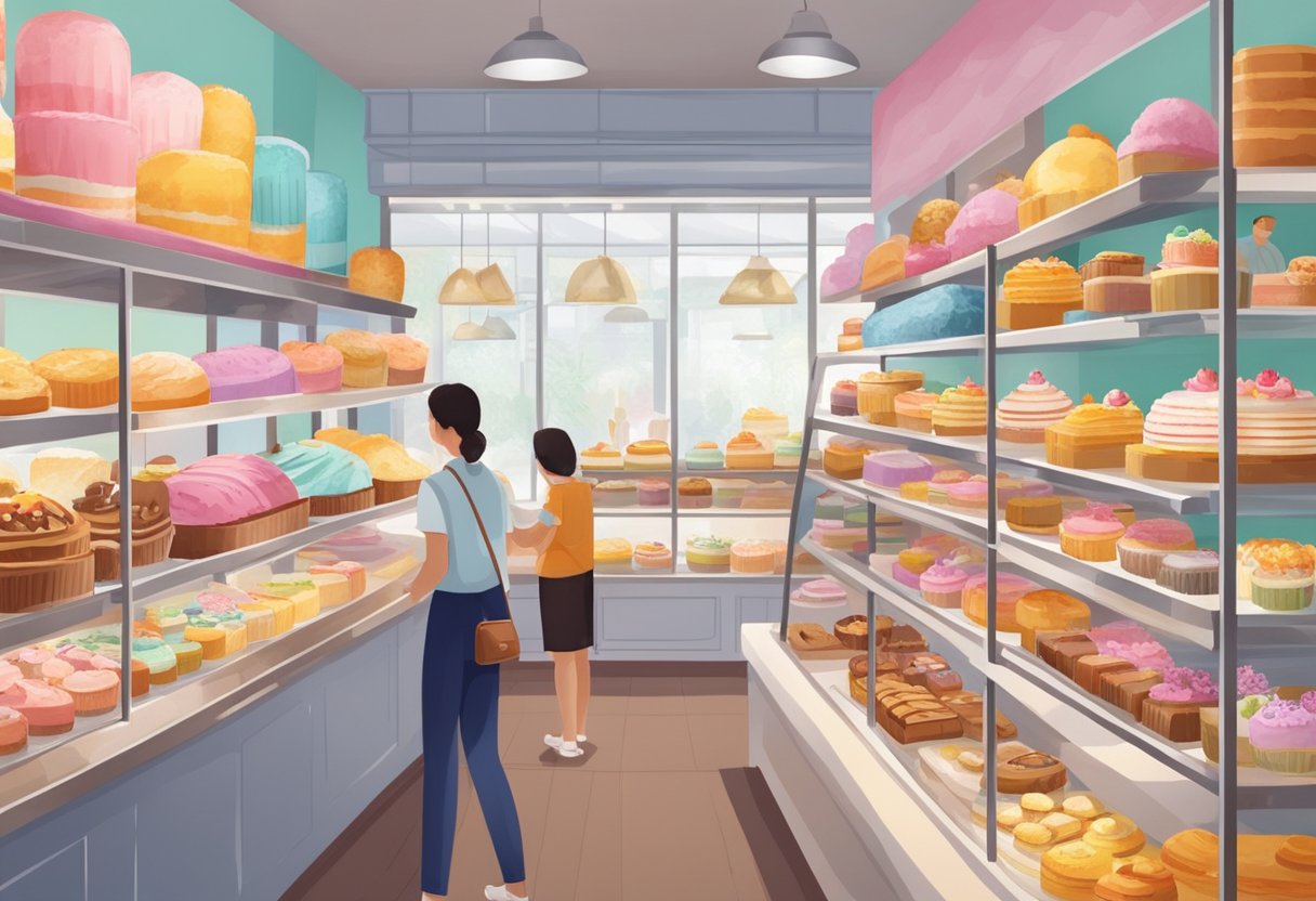People exploring colorful cake shops in Singapore, with shelves filled with intricate cakes and pastries, while the aroma of freshly baked goods fills the air