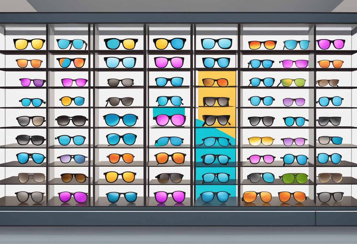 A colorful display of eyeglasses and sunglasses arranged on sleek shelves, with a bright and modern store interior
