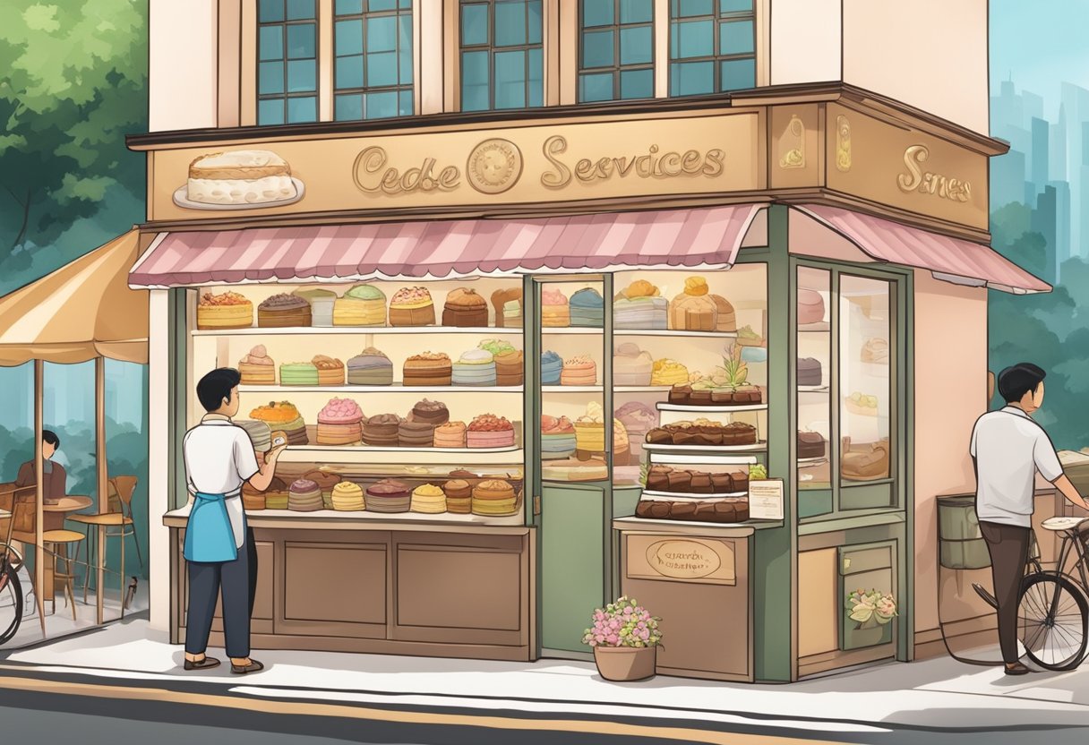 A bustling cake shop in Singapore, with a display of decadent treats and a sign boasting "Services and Quality Assurance."