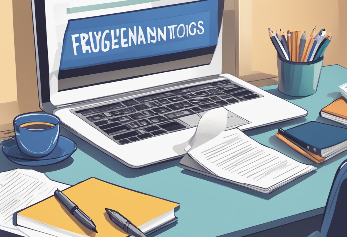 A table with a laptop, pen, and paper. A sign with "Frequently Asked Questions" in bold letters. Bright, modern office setting
