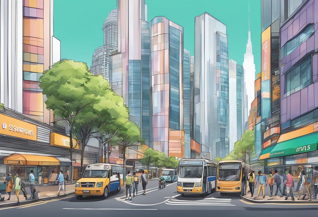 A bustling city street with skyscrapers and a prominent Money Max Singapore storefront, with people walking by and cars passing in front