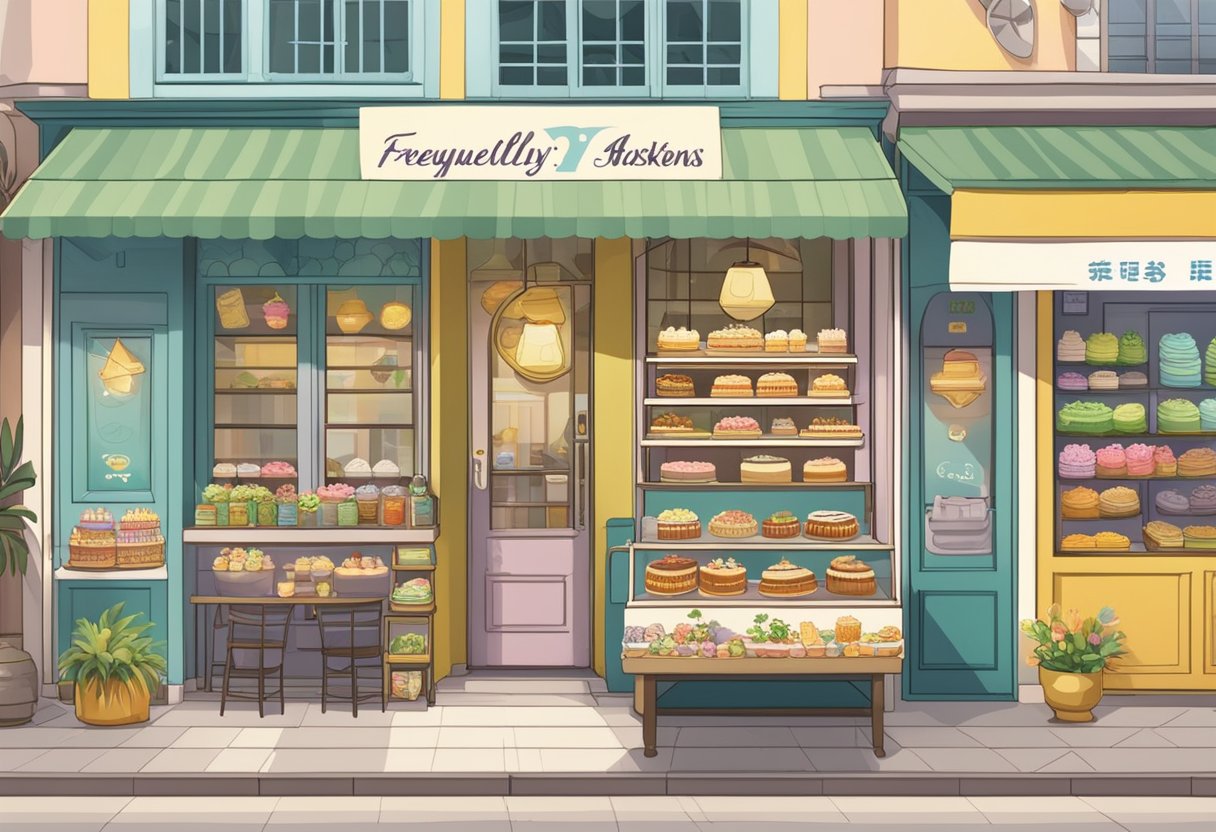 A bustling cake shop in Singapore, with a colorful display of delectable treats and a sign reading "Frequently Asked Questions."