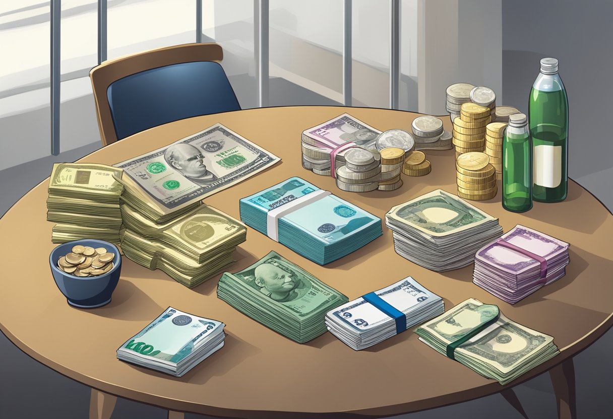 A table with various products and a stack of Singaporean currency notes, representing the concept of product valuation and financial transactions