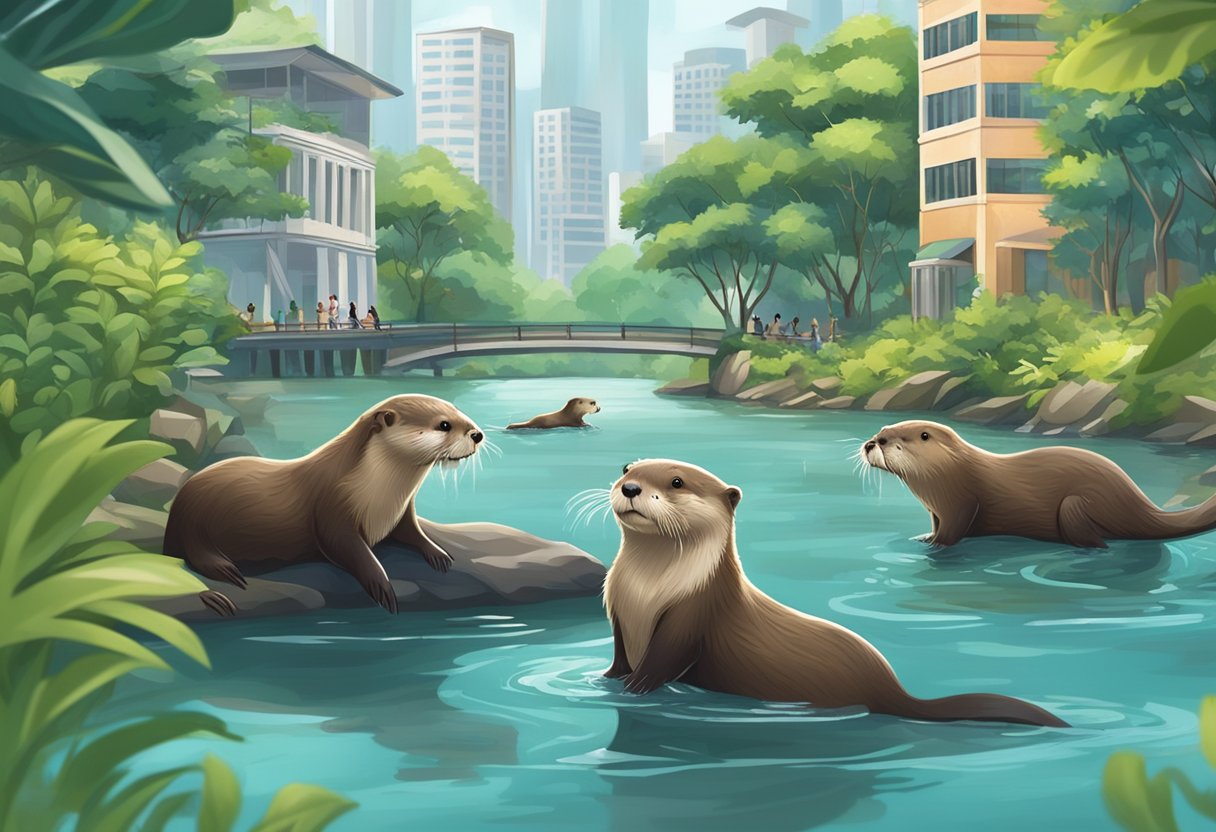 A group of playful otters frolic in the calm waters of a Singaporean river, surrounded by lush greenery and urban buildings in the background