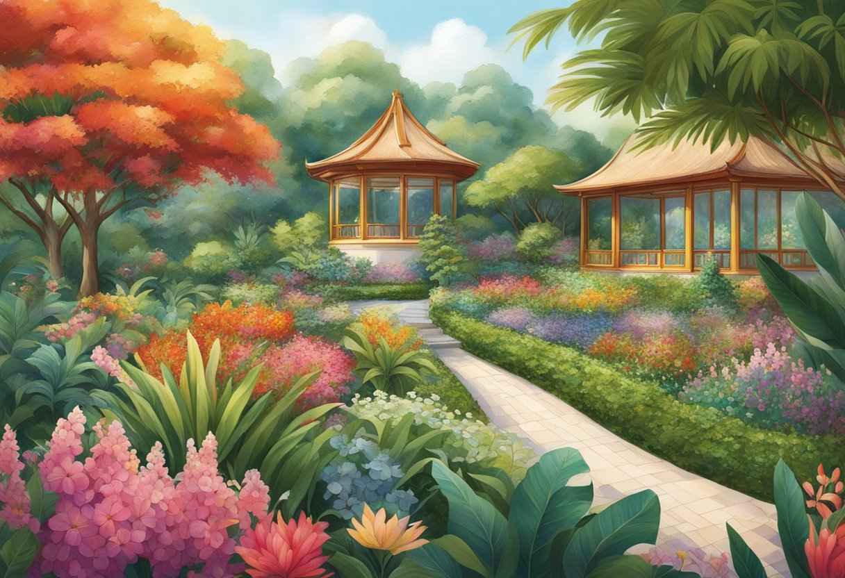 A vibrant garden with diverse flora, representing the rich heritage and values of Clarins Singapore