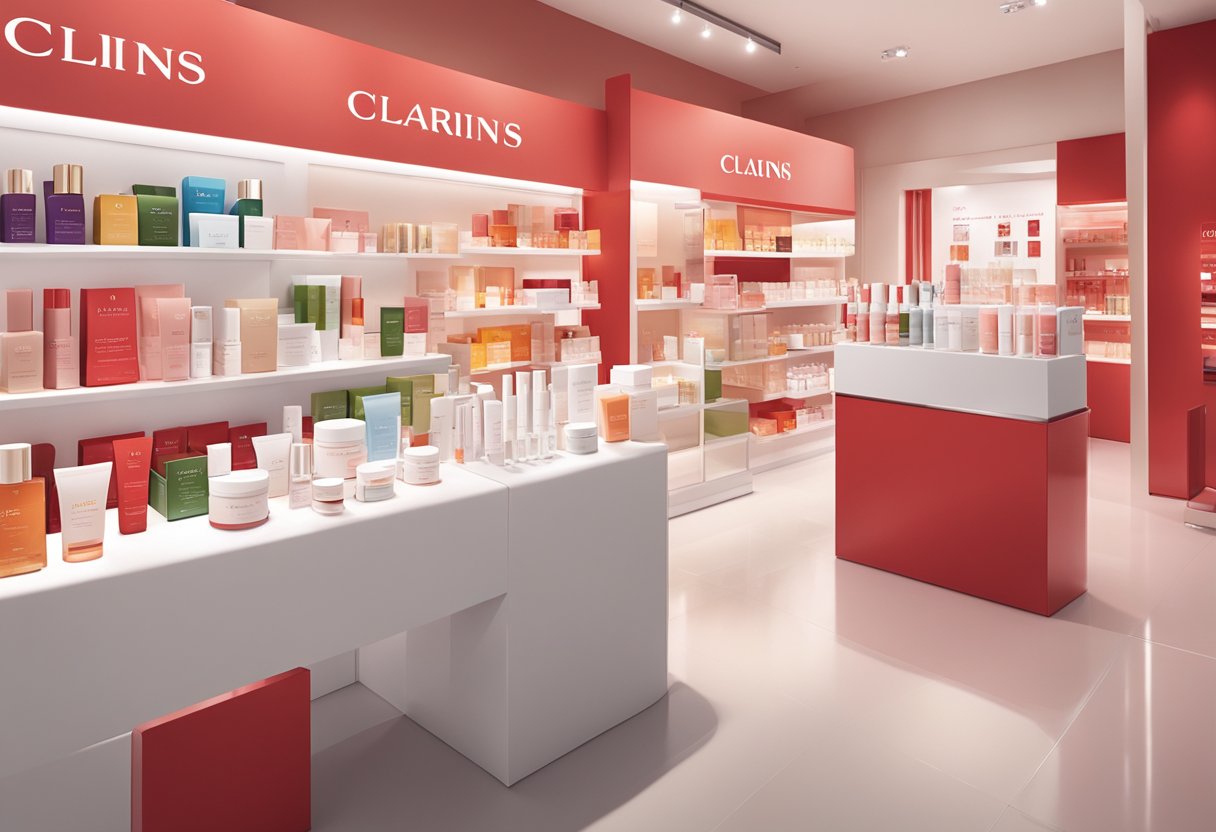 A table displays various Clarins skincare products with the brand logo prominently featured. A customer service representative assists a client nearby
