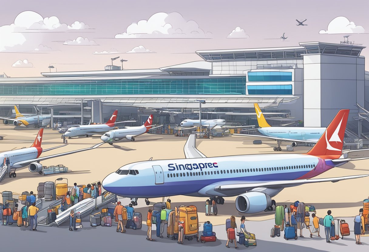 The bustling Singapore airport with planes on the tarmac, passengers boarding, and luggage being loaded onto the aircraft for the journey to Perth