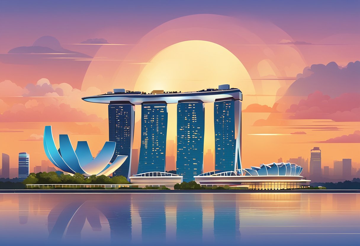 The iconic skyline of Singapore, with its futuristic architecture and the iconic Marina Bay Sands, set against a stunning sunset sky